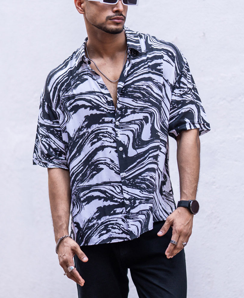 Black Abstract Print Oversize Drop Shoulder Shirt