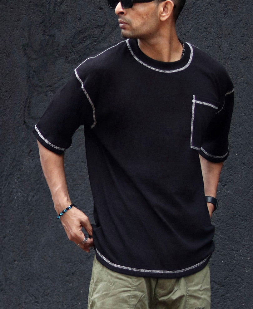 Black Contrast Stitch Oversize Drop Shoulder T Shirt