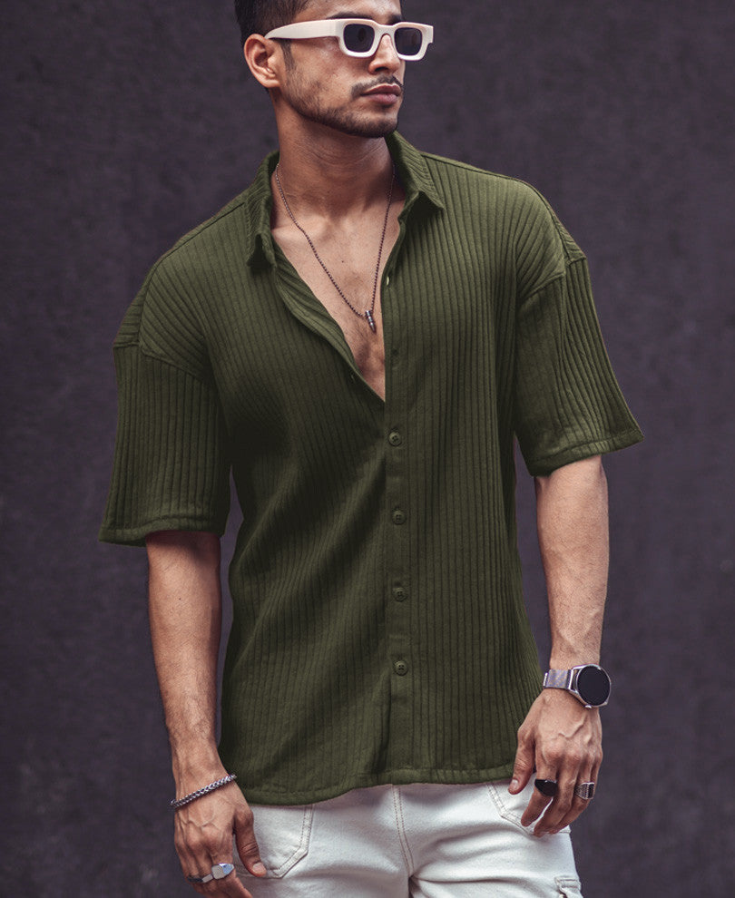 Olive Green Rib-Knit Oversize Drop Shoulder Shirt
