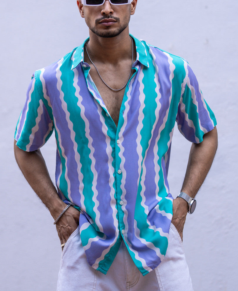Purple And Green Striped Half Sleeves Shirt