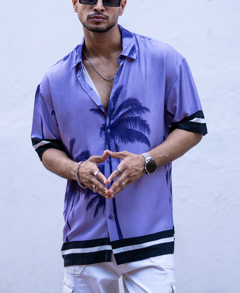 Purple Palm Tree Print Oversize Drop Shoulder Shirt