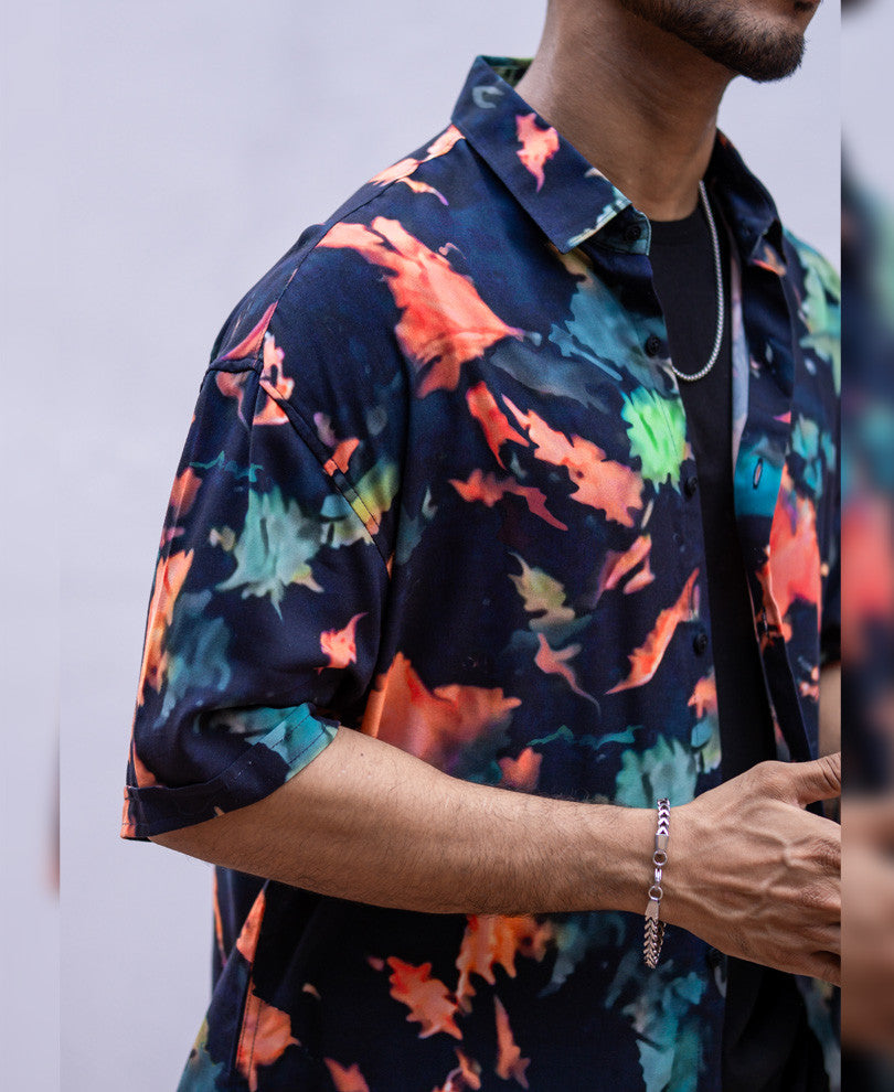 Navy Blue Tie Dye Print Oversize Drop Shoulder Shirt