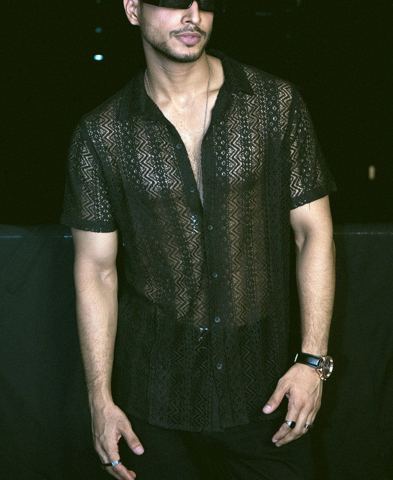 Black Sheer Pattern Half Sleeves Shirt