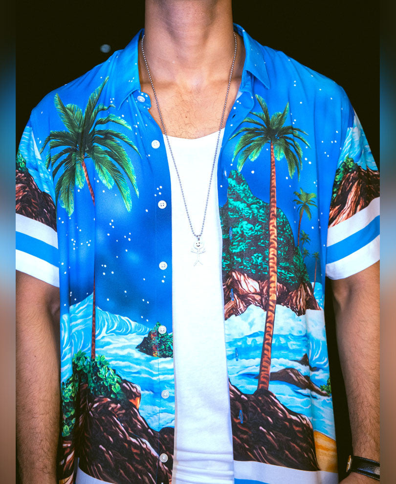 Blue Beach Print Oversize Drop Shoulder Shirt