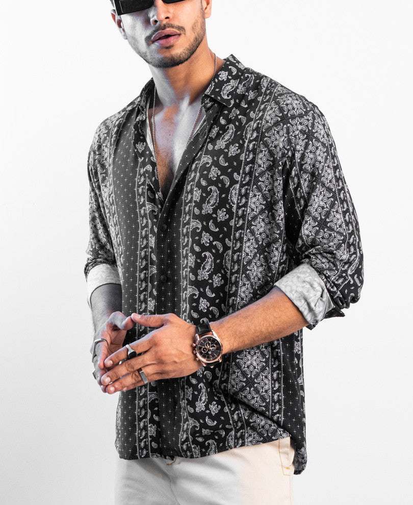 Black Ethnic Motifs Print Oversize Drop Shoulder Shirt