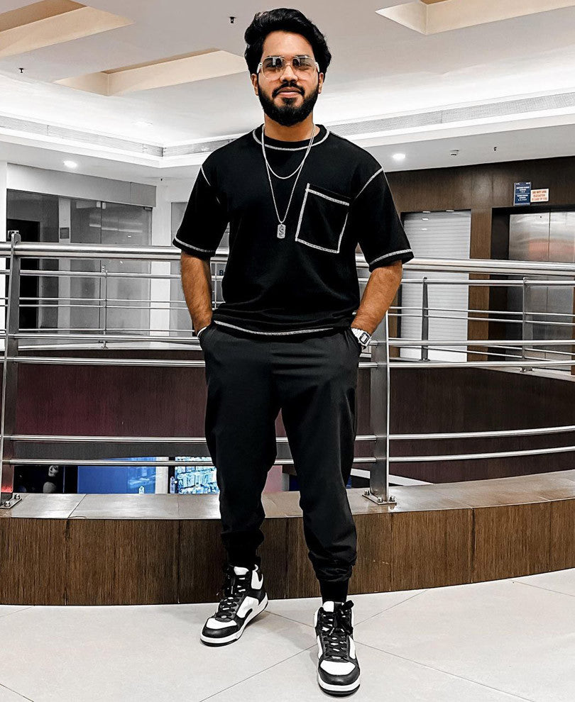 Black Contrast Stitch Oversize Drop Shoulder T Shirt