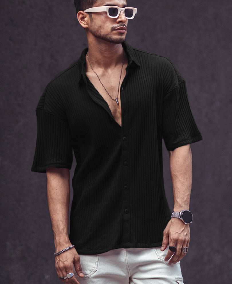 Black Rib-Knit Oversize Drop Shoulder Shirt