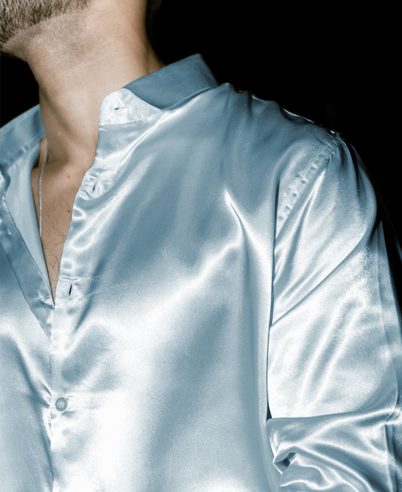 Blue Grey Satin Full Sleeves Shirt