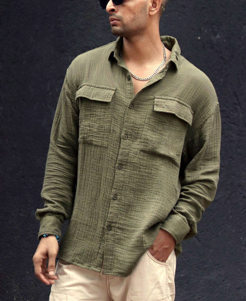 Olive Green Textured Shacket Oversize Drop Shoulder Shirt