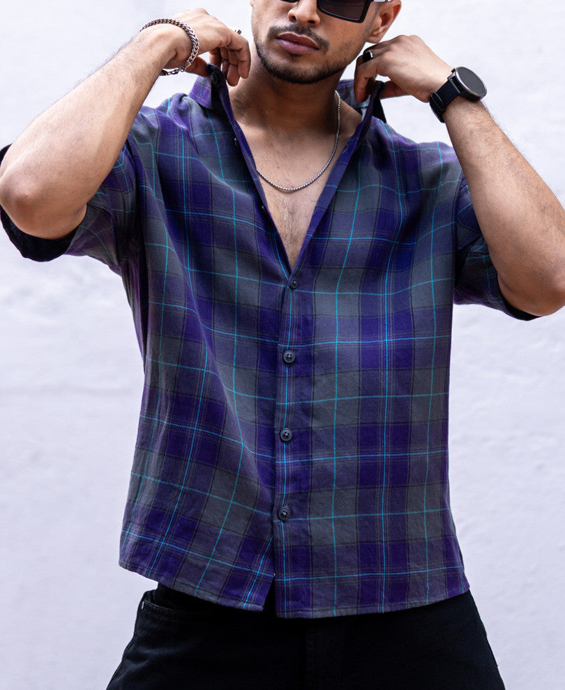 Purple Plaid Checks Oversize Drop Shoulder Shirt