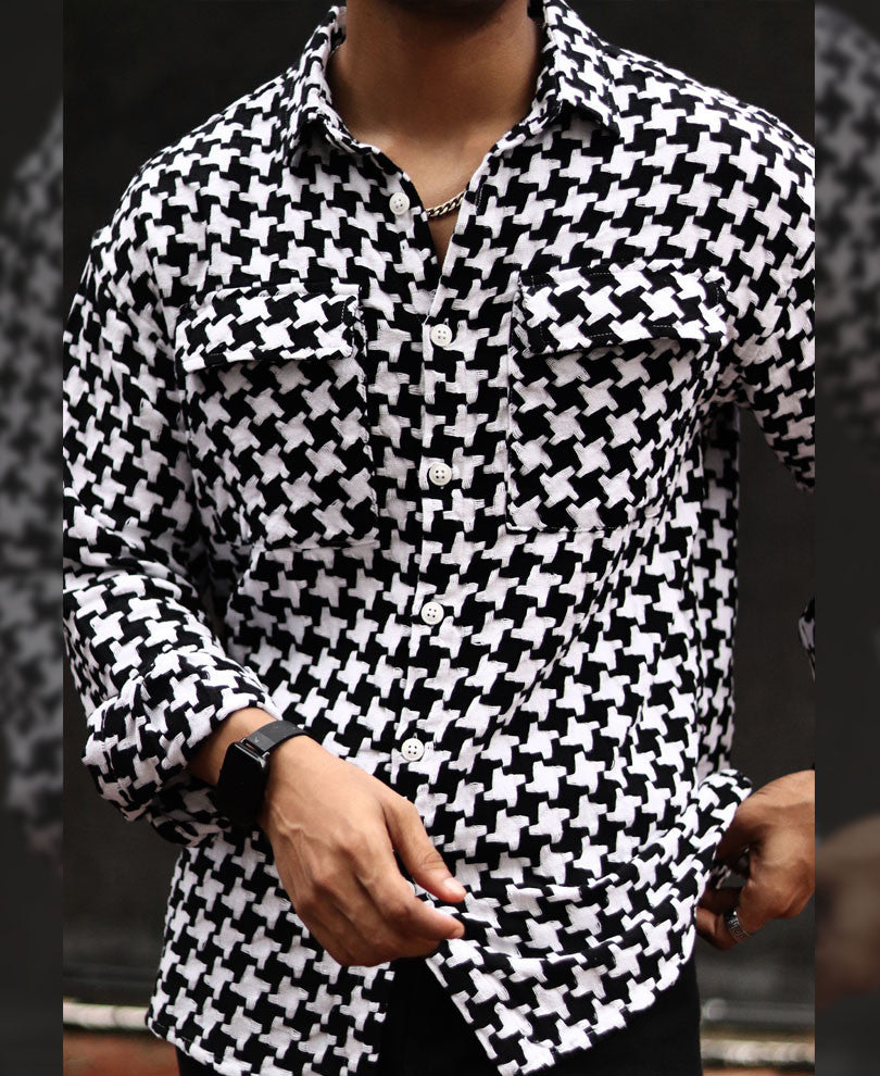 Black and White Houndstooth Printed Shacket Oversized Shirt