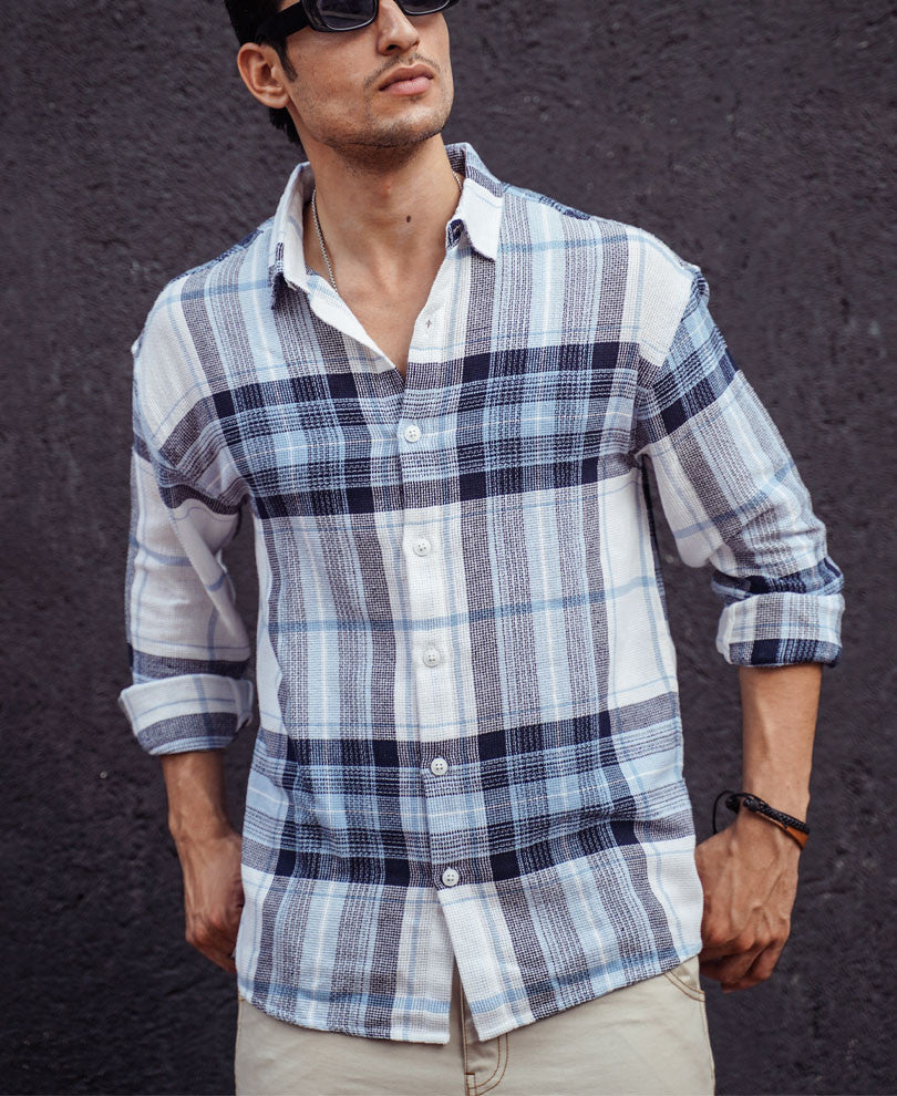 White and Blue Structured Checks Oversize Drop Shoulder Shirt