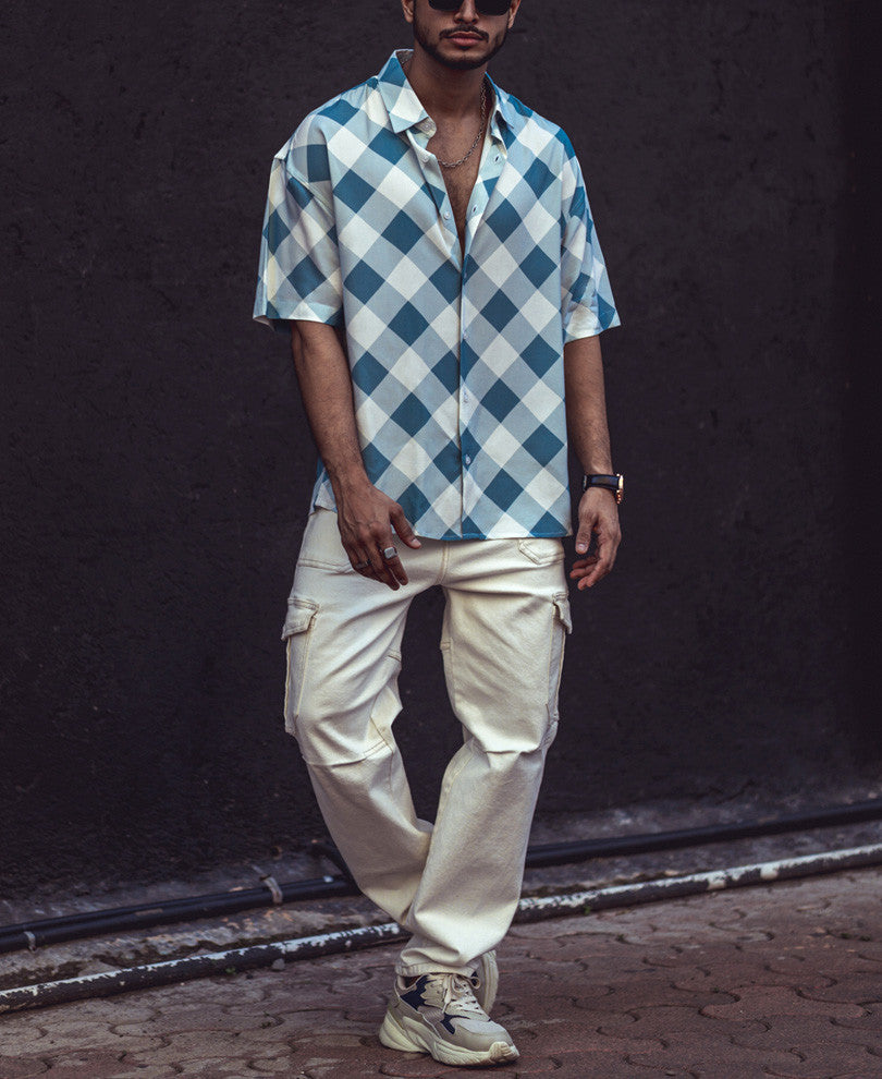 Turquoise Green Checks Oversized Shirt
