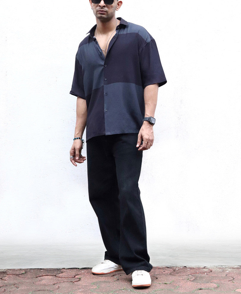 Black and Grey Colourblocked Oversized Shirt