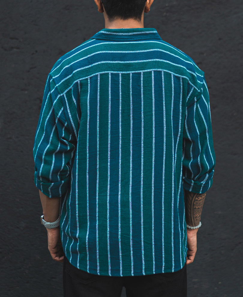 Green and Blue Structured Shacket Striped Oversized Shirt