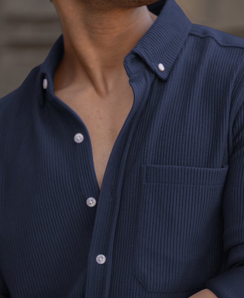 Blue Corduroy Regular Fit Full Sleeves Shirt