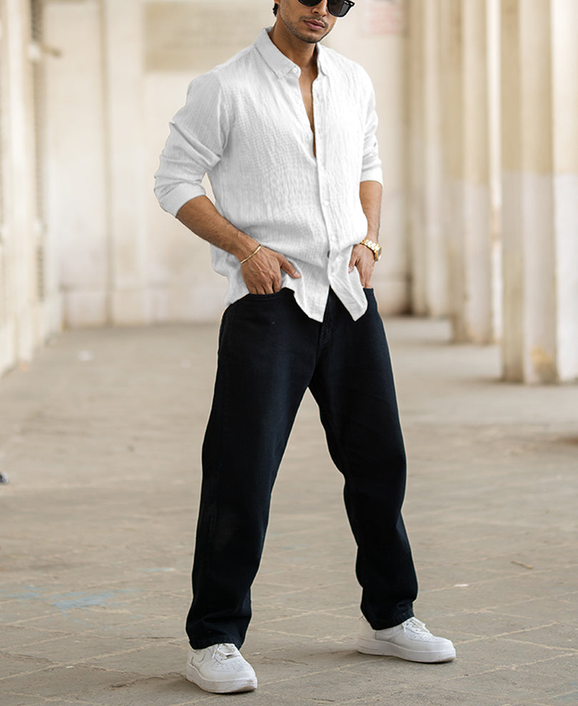 White Regular Fit Stripes Full Sleeves Shirt