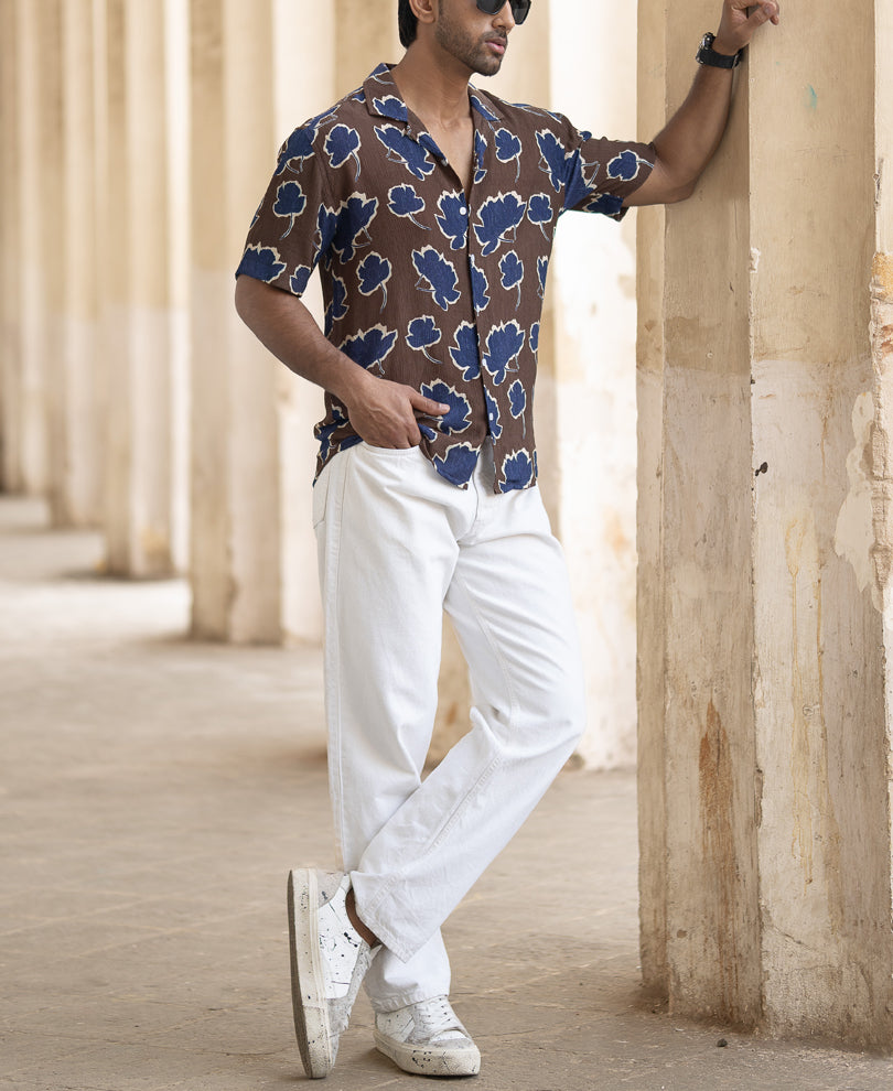 Brown Abstract Crinkled Regular Fit Half Sleeves Shirt
