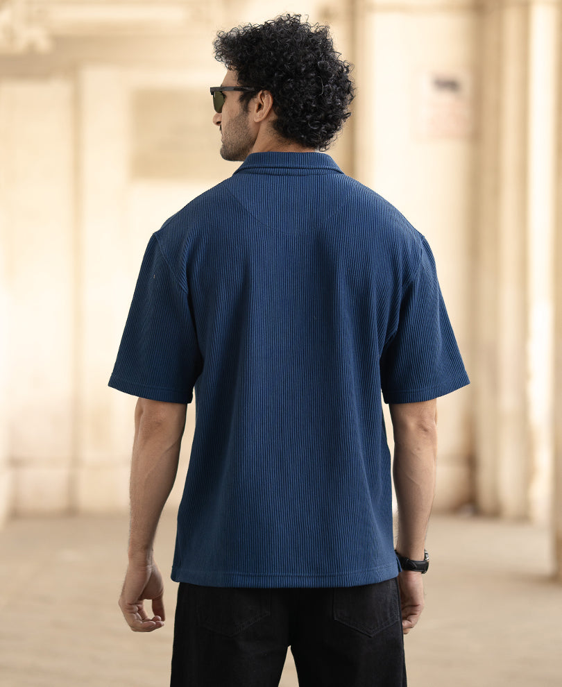 Blue Corduroy Oversized Half Sleeves Shirt