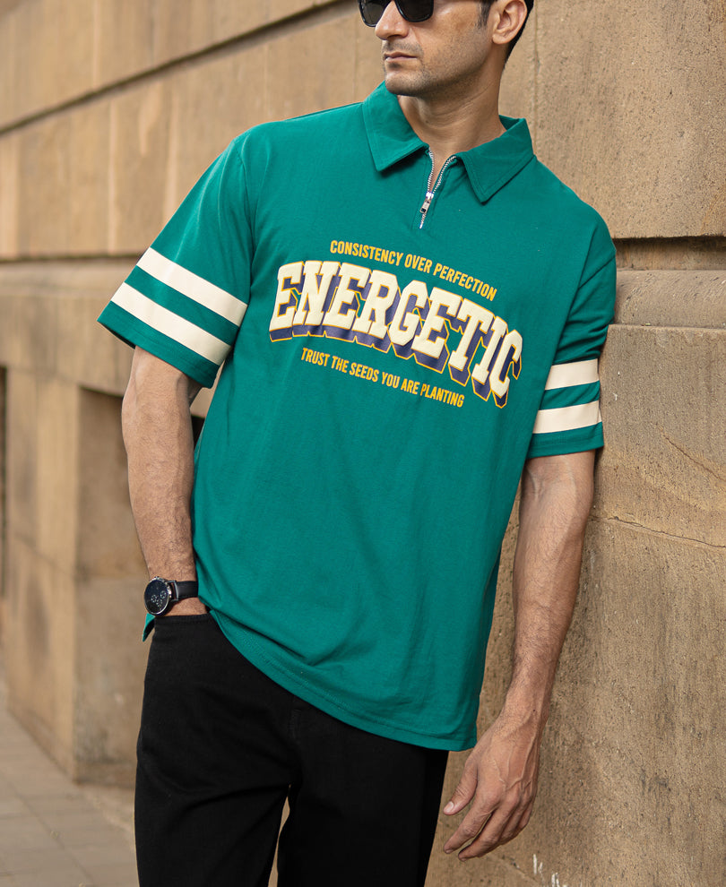 Teal Graphic Zipper Polo T-Shirt