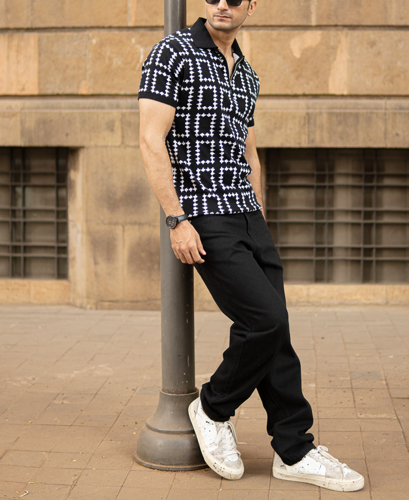 Black Knit Zipper Polo T-Shirt
