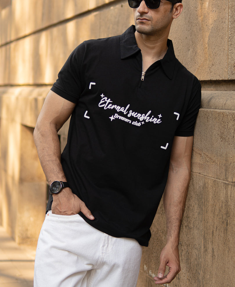 Black Printed Zipper Polo T-Shirt