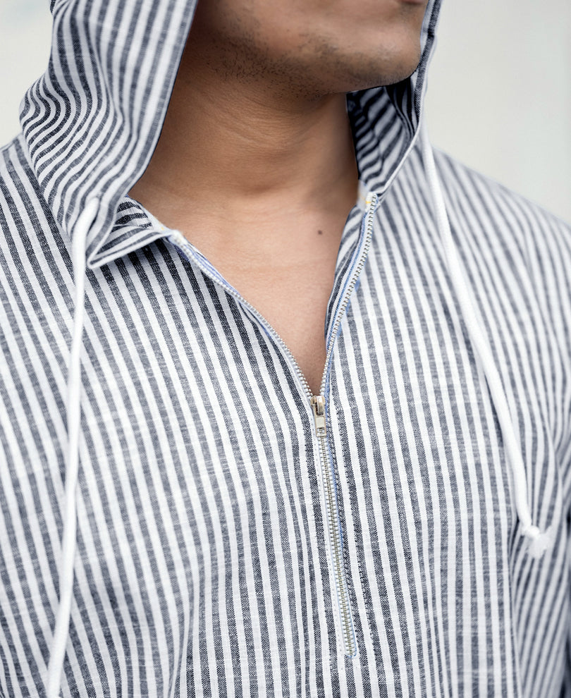 White And Navy Blue Stripes Regular Fit Full Sleeves Hoodie Shirt
