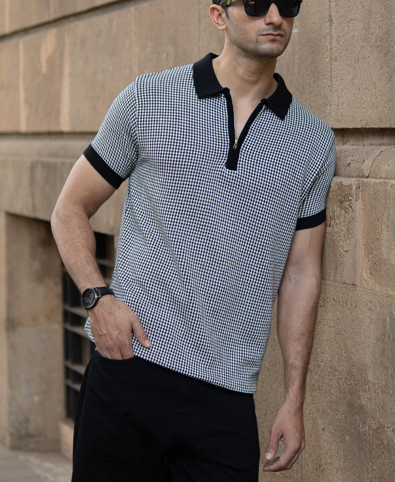 Black And White Knit Polo T-Shirt
