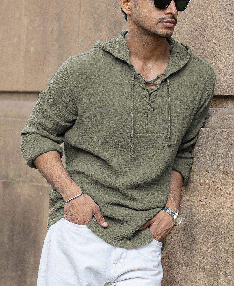 Sage Green Crinkled Hooded Shirt