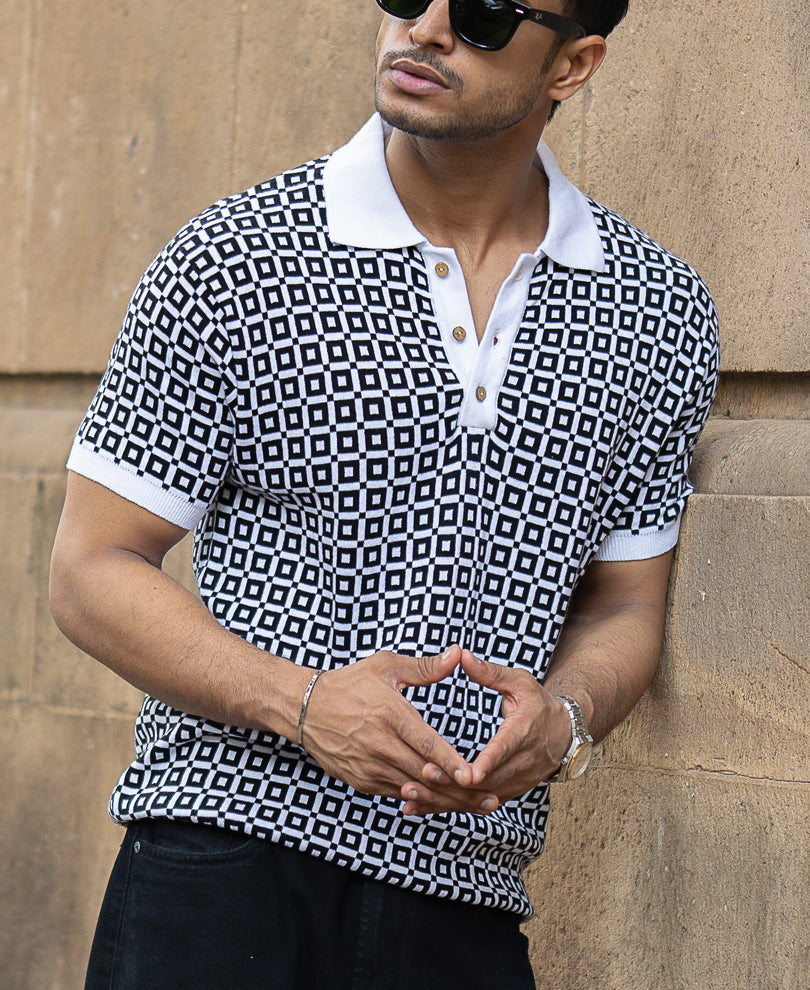 Black Jacquard Contrast Collar T-Shirt