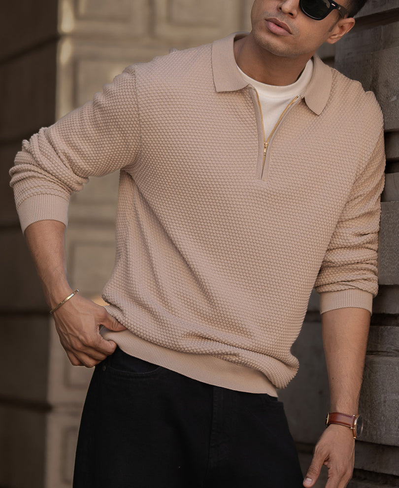 Beige Regular Fit Full Sleeves Structured T-Shirt