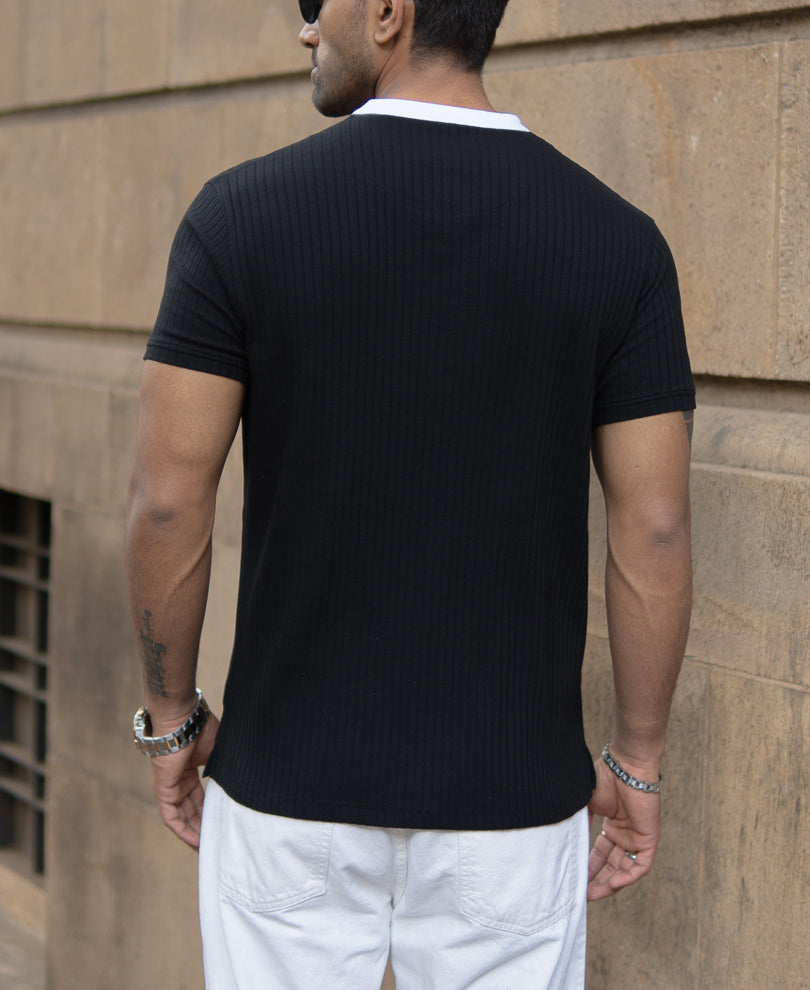 Black Contrast Collar Henley T-Shirt