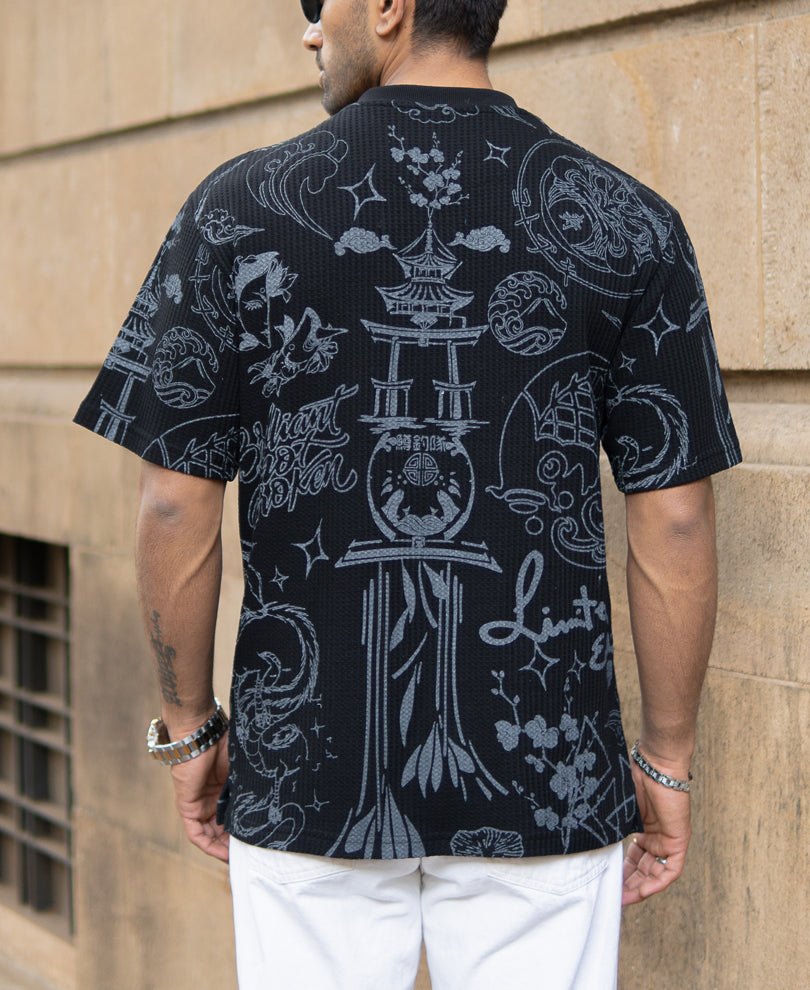 Black Japanese Print Henley T-Shirt