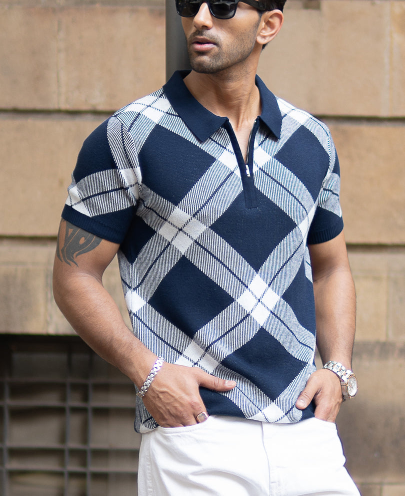 Navy Knitted Checks Structured T-Shirt