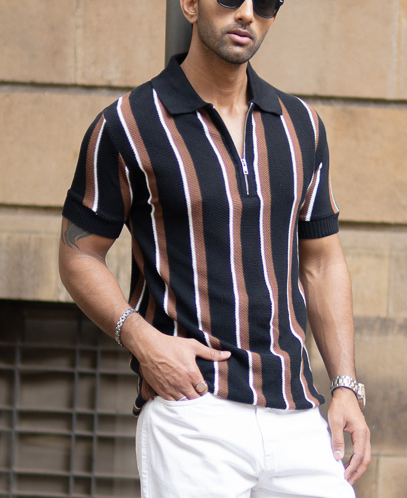 Multicolour Knitted Stripe Zipper T-Shirt