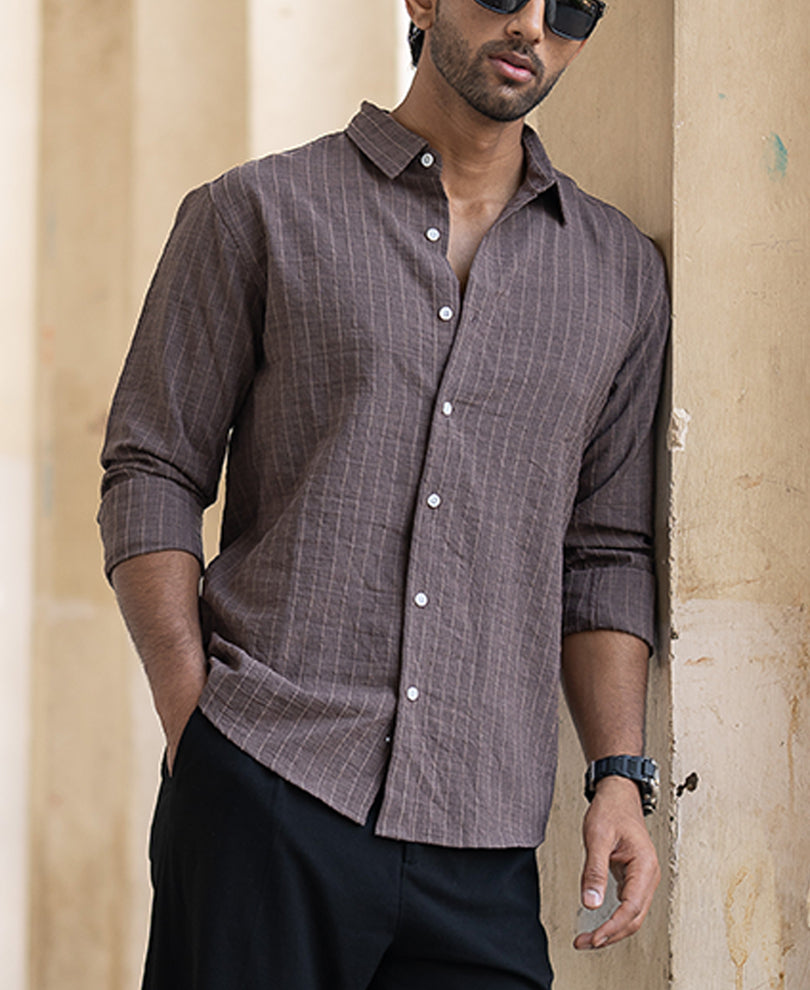 Brown Striped Flowy Regular Fit Shirt