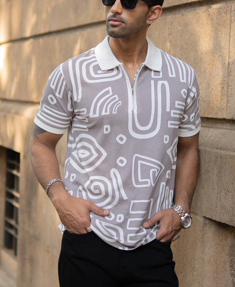 Grey Contrast Printed Polo T-Shirt