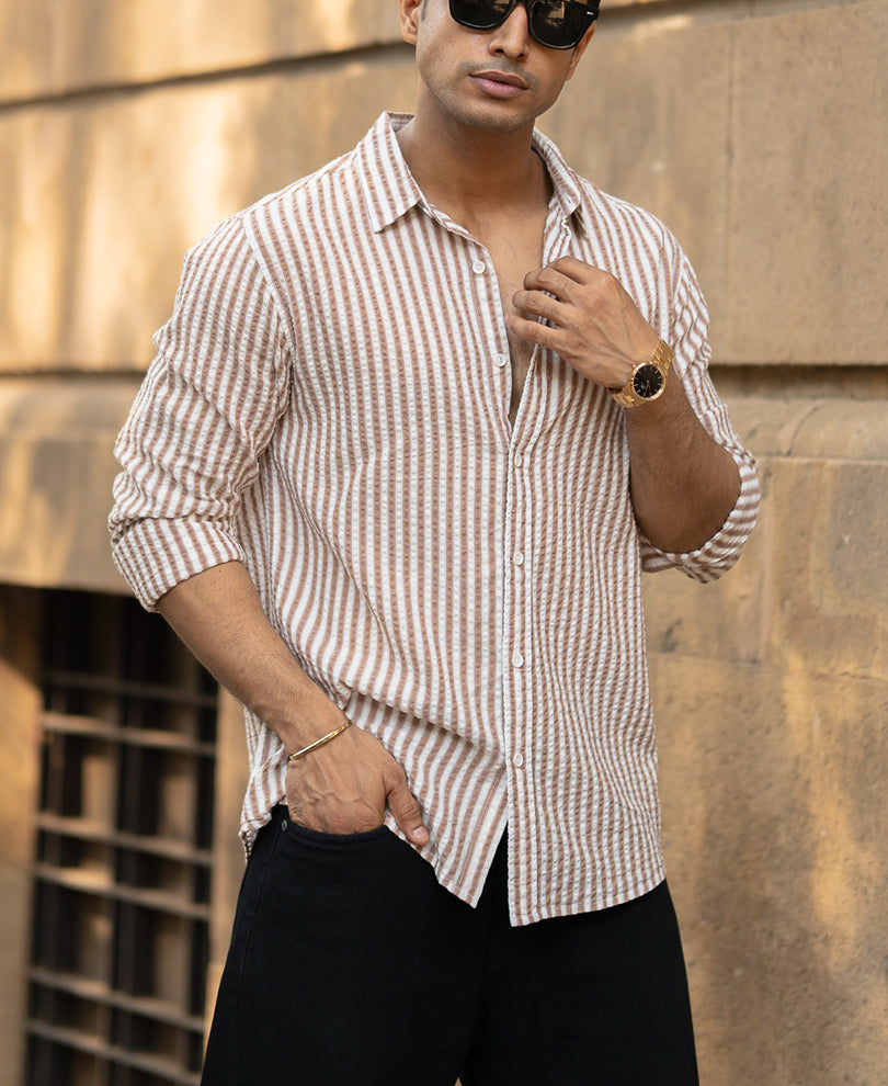 Light Brown Seersucker Stripe Shirt