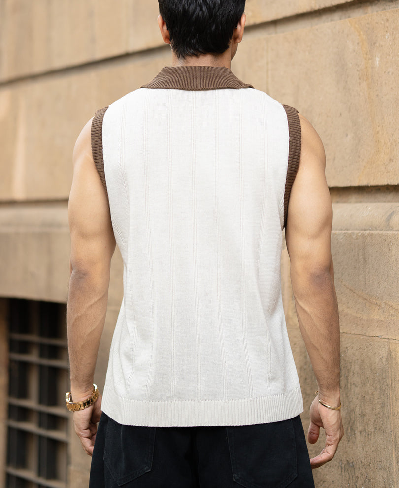 Cream Contrast Collar Knit Sando