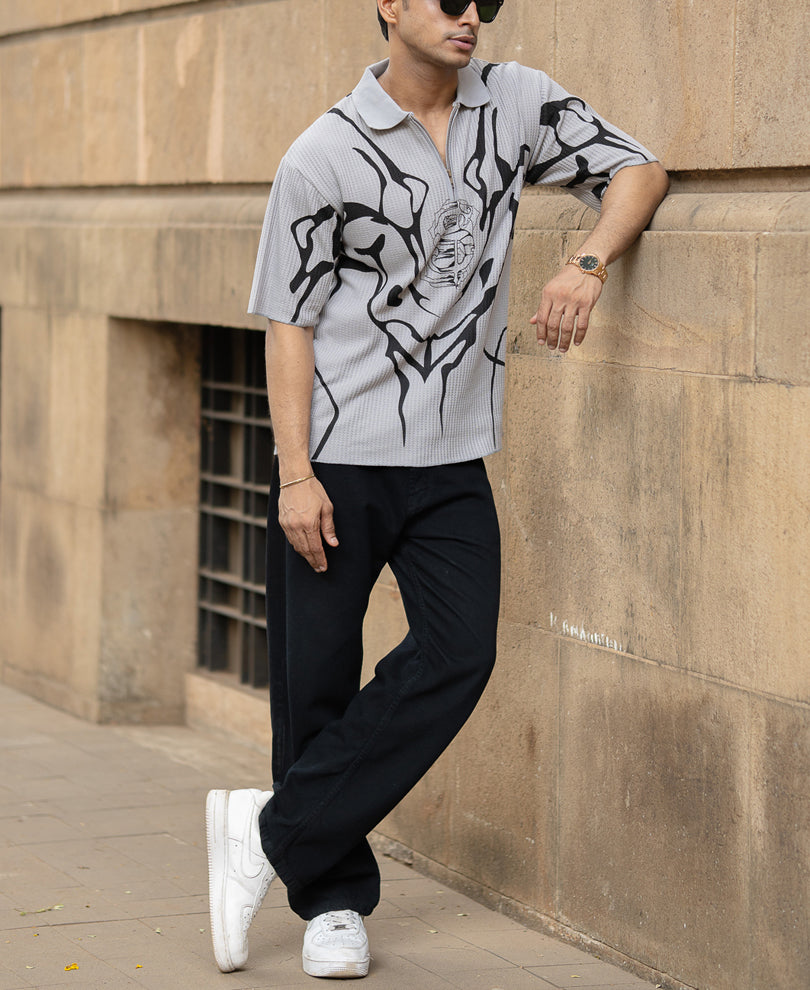 Grey Structured Print Polo T-Shirt