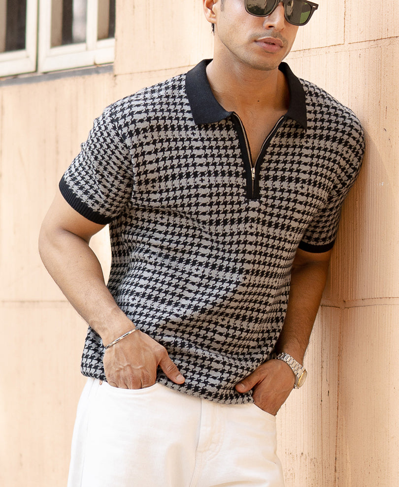 Grey Houndstooth Knit T-Shirt