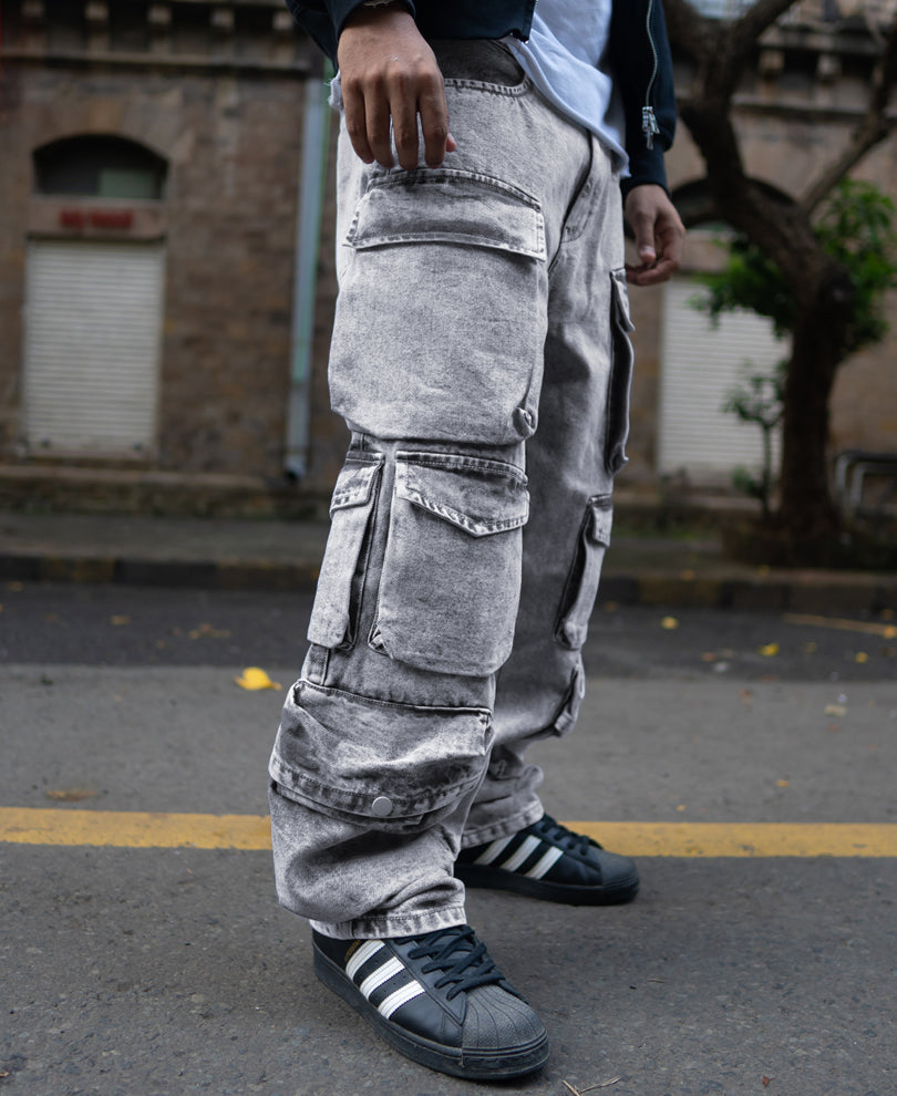 Grey Multi Pockets Baggy Fit Cargo Denim Jeans