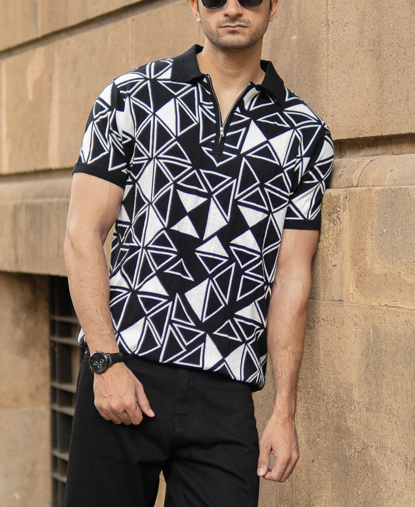 Black Geometric Knit Polo T-Shirt