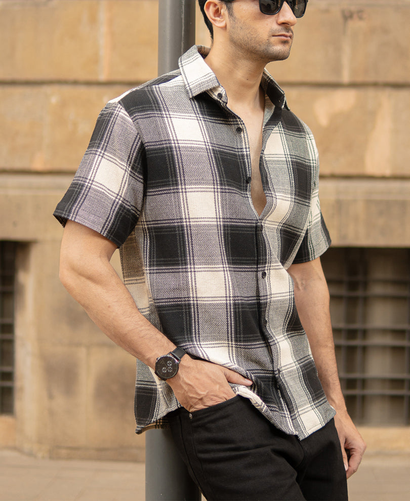 Black Regular Fit Structured Checks Shirt