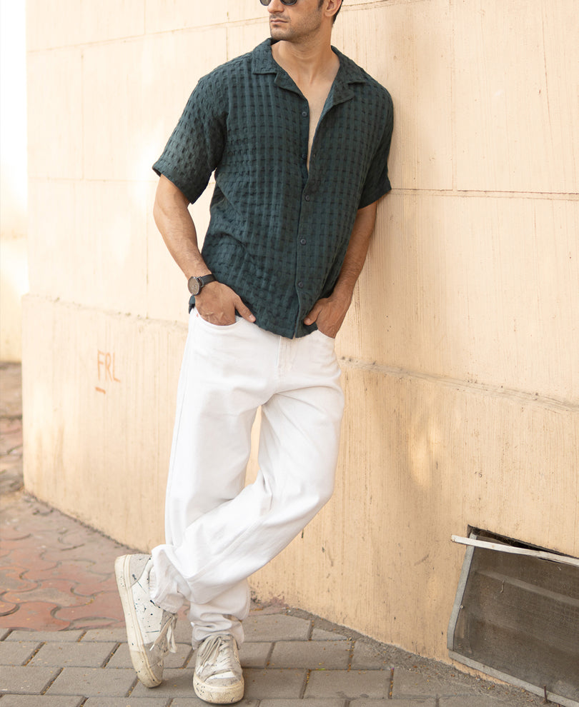 Bottle Green Structured Oversized Half Sleeeves Shirt