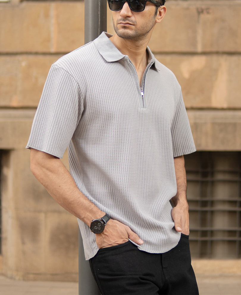 Grey Structured Zipper Polo T-Shirt