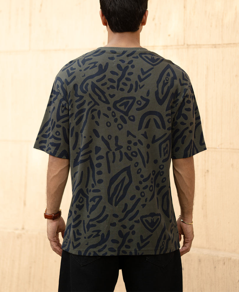 Olive Abstract Leaf Printed T-Shirt