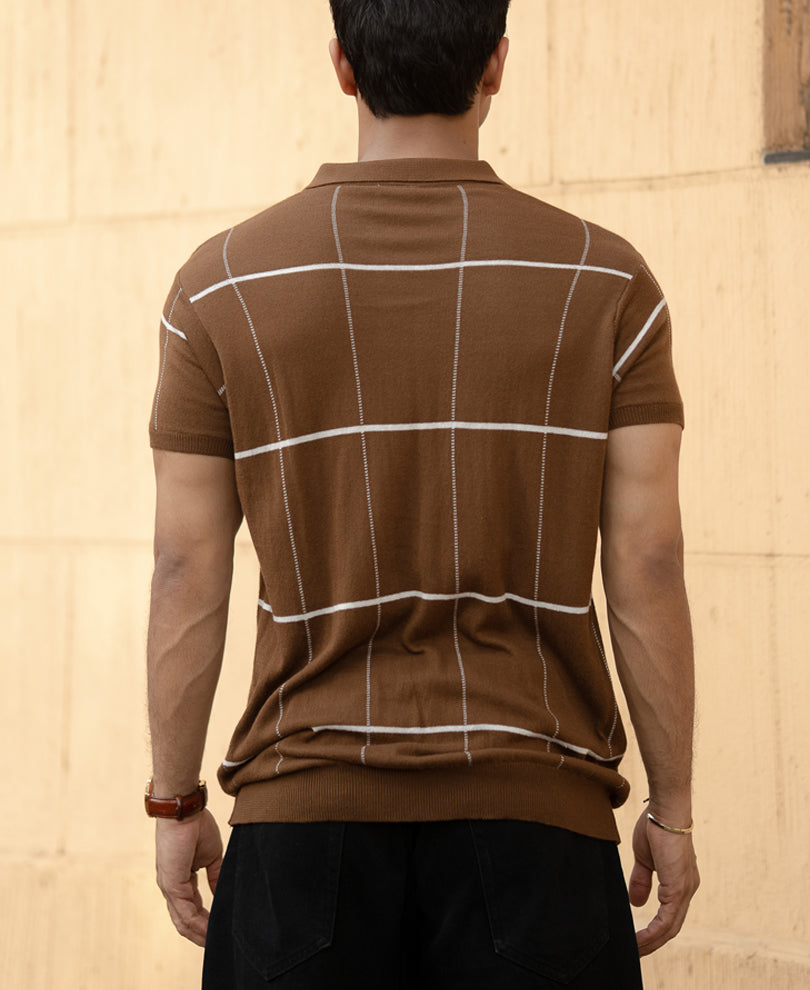 Brown Knitted Checks T-Shirt
