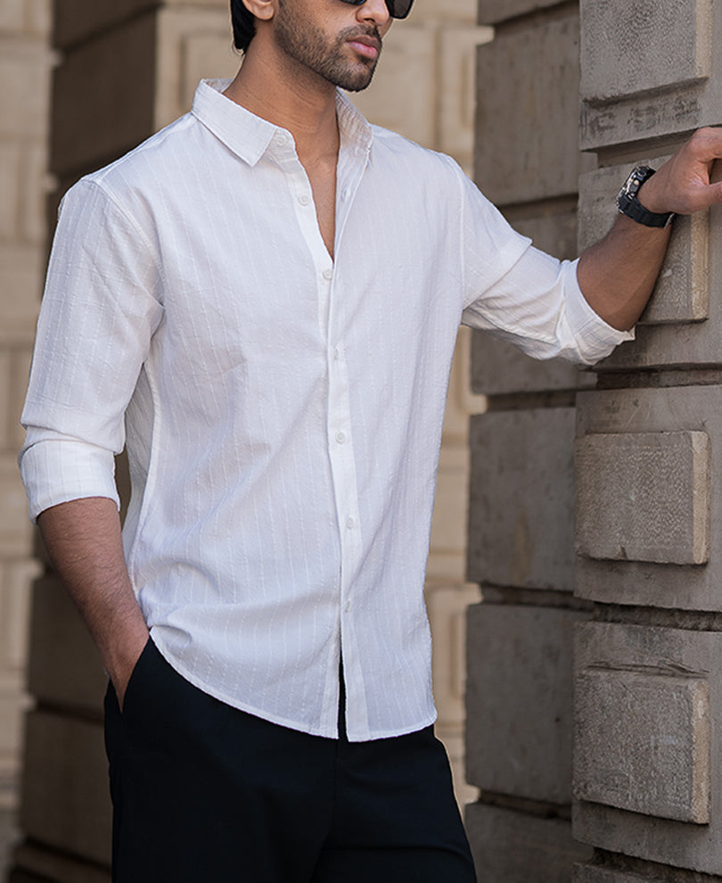 White Striped Flowy Regular Fit Shirt