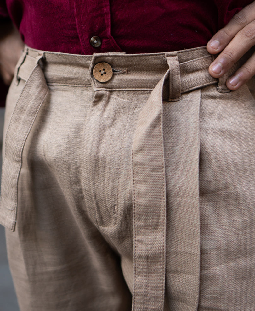 Beige Cotton Pant With Belt